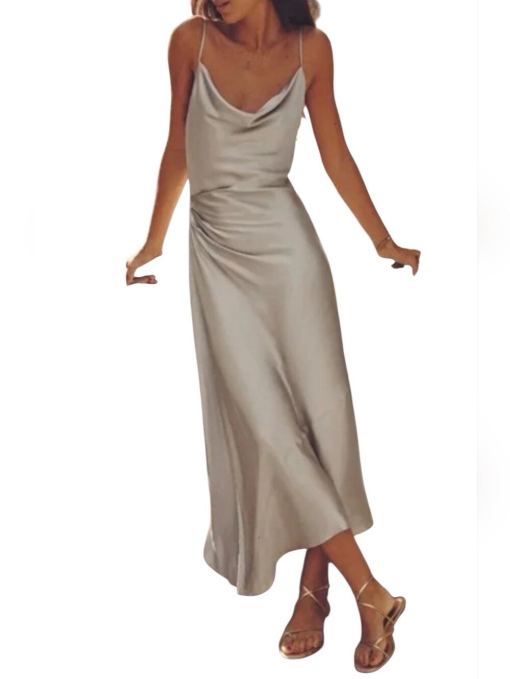 Zara Silver Satin Midi Dress Side Ruched Draped Cowl Neck Slip Dress Size XL
